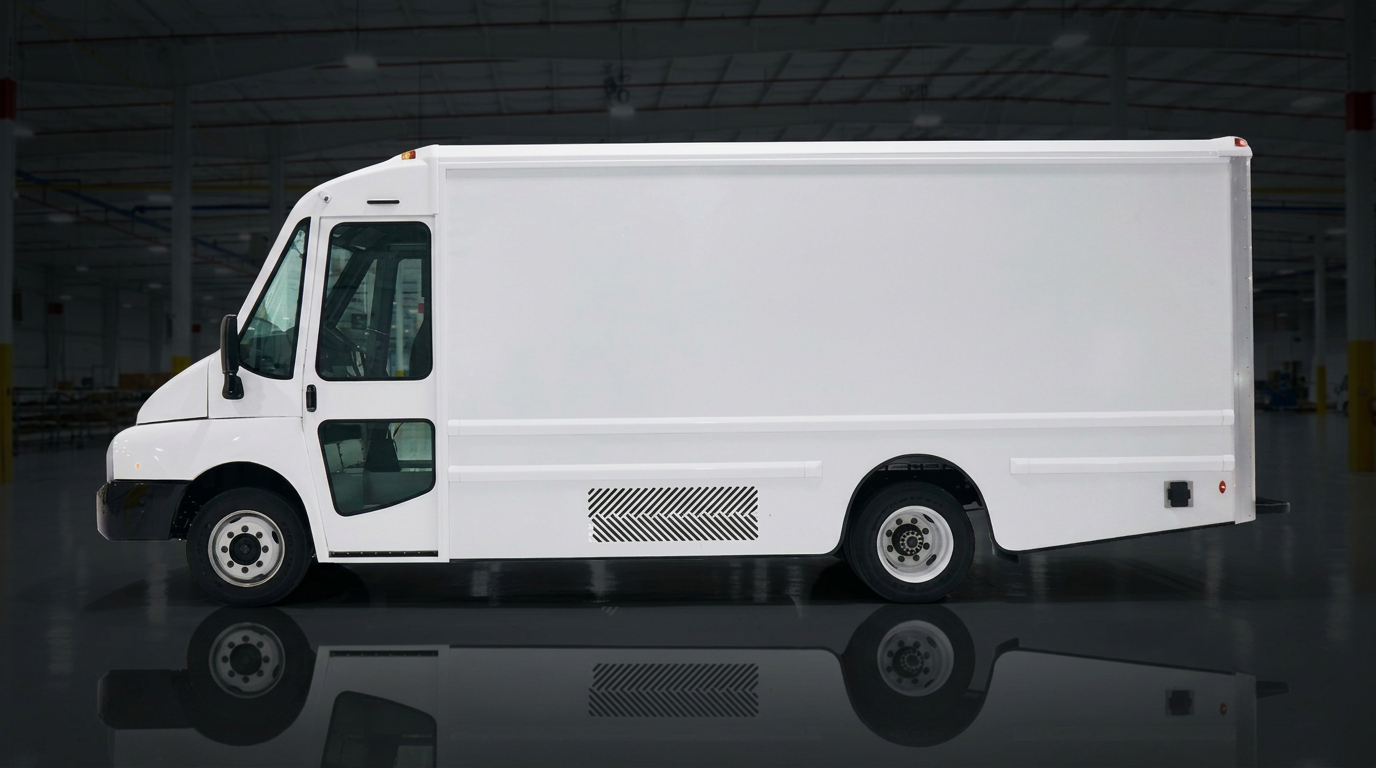 White Workhorse W56 electric step van on a dark warehouse floor